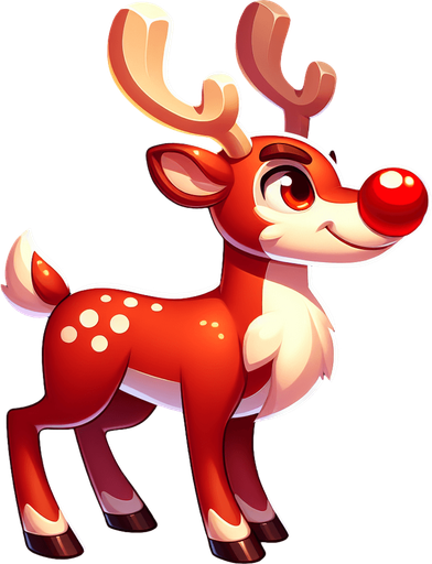 Rudolf the adult rednose Raindeer in a full side viewed position Single Game Texture. In-Game asset. 2d. Blank background. High contrast. No shadows.