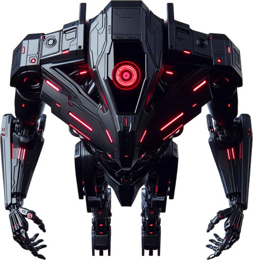 Overhead view. A hovering robot with a tapered midsection with two bulky arms with claw like hands and a giant red “eye” on top of its body. Looking straight down. Cyberpunk, black with red glowing highlights..
Single Game Texture. In-Game asset. 2d. Blank background. High contrast. No shadows.