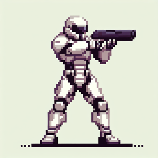 pixel art image of a stormtrooper from the Star Wars universe. The stormtrooper should be standing in a defensive pose, with their blaster raised.
Single Game Texture. In-Game asset. 2d. Blank background. High contrast. No shadows.