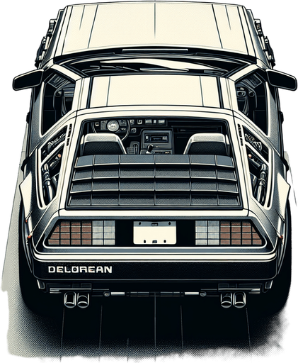 DeLorean car, seen from behind

Top-down, gta2, Single Game Texture. In-Game asset. 2d. Blank background. High contrast. No shadows.isometric