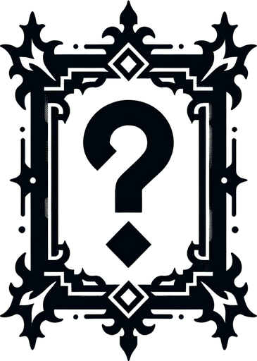 black gothic frame with a question mark inside silhouette.
Single Game Texture. In-Game asset. 2d. Blank background. High contrast. No shadows.