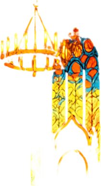 A massive medieval throne hall with golden chandeliers, crimson carpets, high arched ceilings, stained-glass windows casting colored light, majestic and solemn, realistic.
In-Game asset.  2d.  High contrast.  No shadows