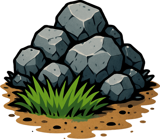 Make a pile of rocks with a grass patch in front of it and dirt scattered.
In-Game asset.  2d.  High contrast.  No shadows