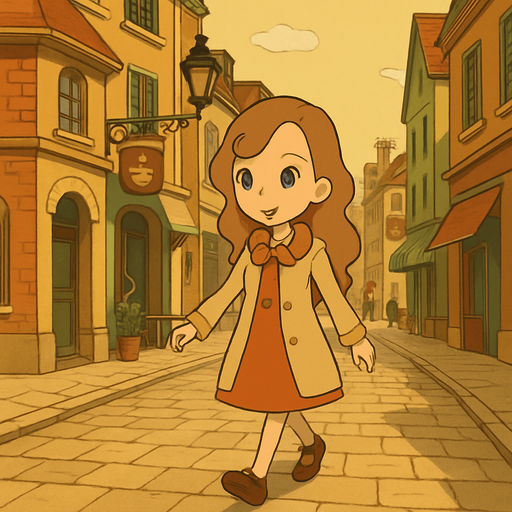 Generate a detailed and vivid description of a scene depicted in the visual style characteristic of Professor Layton games, focusing on a young girl walking down a city street. Capture the unique art style elements such as warm color palettes, cel-shaded animation, distinctive character design with soft lines and expressive eyes, and the semi-realistic yet whimsical environment. Include the atmosphere of the city street, describing architectural features, background elements like lampposts, shop signs, and the bustling yet charming ambiance, as seen in Professor Layton games. Avoid photographic realism; emphasize stylized, hand-drawn, and storybook-like qualities..
In-Game asset.  2d.  High contrast.  No shadows