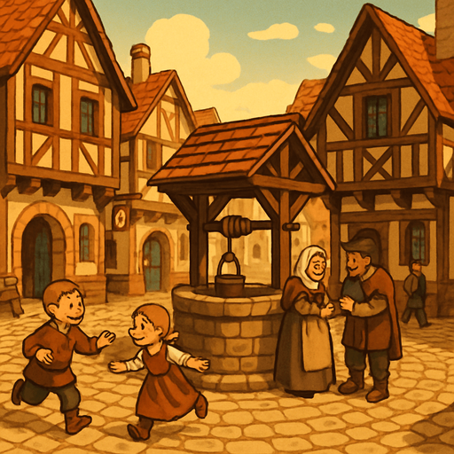 A quaint medieval town square with cobbled streets, wooden signs, children playing, townsfolk chatting near a well, cheerful and warm vibe, realistic
In-Game asset.  2d.  High contrast.  No shadows