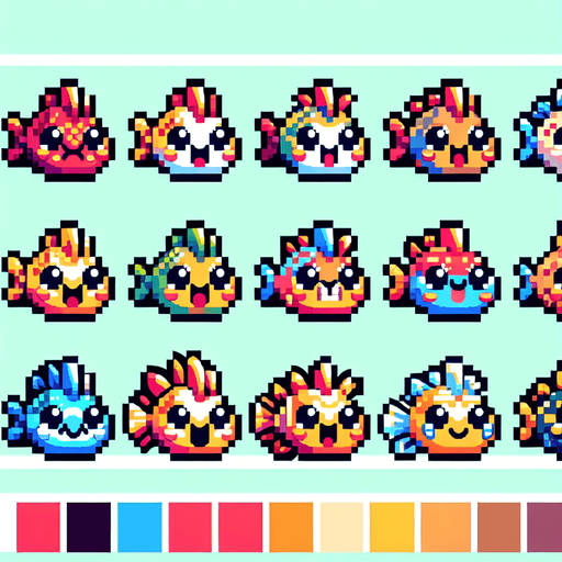 A pallet of 10 different unique fish. 8-bit art style. Fun, happy facial expressions..
Single Game Texture. In-Game asset. 2d. Blank background. High contrast. No shadows.