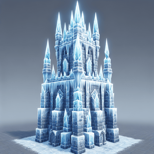 A turret tower built of ice blocks. Front view perspective. Single Game Texture. In-Game asset. 2d. Blank background. High contrast. No shadows.