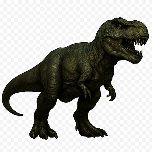 A massive Tyrannosaurus rex dinosaur depicted in a neutral standing pose on a transparent background. It has a powerful, muscular body covered in rough, dark green and brown scaly skin with visible wrinkles and scars. The head is huge with a wide mouth slightly open, showing rows of sharp teeth and piercing yellow eyes. Its short but strong arms have two clawed fingers, and the thick tail balances the bulky body. The skin texture features detailed scales and subtle shading, emphasizing its predatory strength and dominance..
In-Game asset.  2d.  High contrast.  No shadows