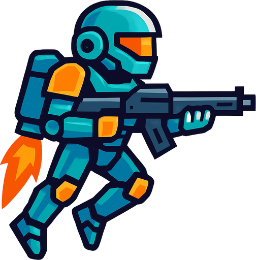 tentara robot terbang sambil memegang senjata rifle. side scroll view.
In-Game asset.  2d.  High contrast.  No shadows