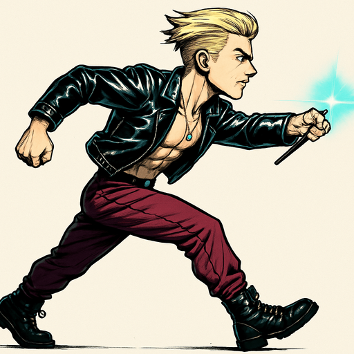 Arm positions & leg positions switched, reversed, Cyberpunk manga, side profile view running animation frames, shiny black leather biker jacket longsleeves shirtless thin abs pecs necklaces gemstone tipped wand, action shot wand pointed straight in front arm extended wand casting spell fierce fashion pose animation blonde undercut pompadour, vampire fangs, wine red joggers, combat boots, Background removed, "Full-body character, entirely in frame, no cropping of face, head, or feet" "Complete character visible, from head to toe, fully centered in the image" "Entire character, including face and boots, fully within the frame" Character fully contained within a square frame, no edges cut off,