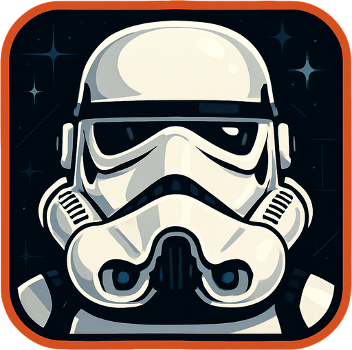 A bold and stylized game or app icon featuring the iconic helmet of a Stormtrooper from Star Wars. The white armor helmet is centered in the frame, with clean black details and glossy reflections, capturing the symmetrical and intimidating look. The background is dark or slightly textured with subtle sci-fi elements like grid lines or stars, to enhance contrast and focus on the helmet. Designed for clarity at small sizes, with strong outlines and a balanced composition. Square or circular layout, 1024x1024 resolution, high detail, sci-fi concept art style, minimal and recognizable..
In-Game asset.  2d.  High contrast.  No shadows