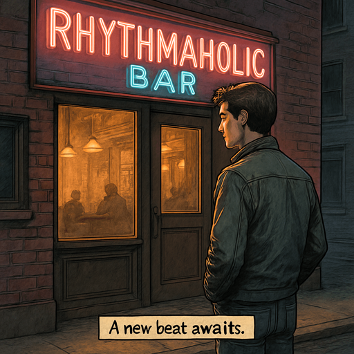 Realistic comic art in 2048x2048. Outside a cozy urban bar glowing with neon sign "Rhythmaholic Bar". Noah stands in front of the door, hesitant but hopeful. Warm interior light spills onto the street. Narrator box at the bottom-center with the text: "A new beat awaits."