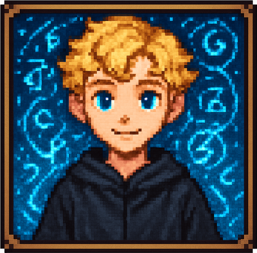 "2D pixel art of a young male wizard child with short, wavy blonde hair and bright blue eyes, wearing a long, flowing black robe. He is facing forward, smiling, looking directly at the viewer with a calm, focused expression. The character is framed inside a square border, like a portrait or selection window in a fantasy RPG. The background inside the square is filled with glowing blue magical symbols, glyphs, and swirling arcane energy to create a mystical atmosphere. The pixel art style is classic 16-bit fantasy RPG, with detailed shading and rich colors. The area outside the square frame is transparent.".
In-Game asset.  2d.  High contrast.  No shadows