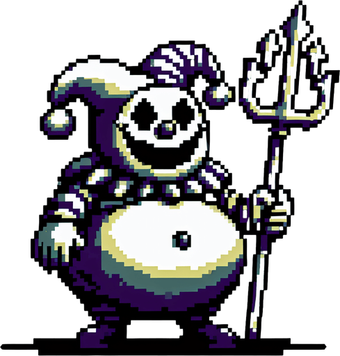 Creepy Jester clown with a fat circular belly, grinning and carying a trident.
Single Game Texture. In-Game asset. 2d. Blank background. High contrast. No shadows. 8 bit