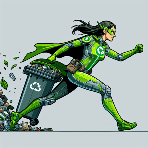 full side-view of an garbage collector superhero woman running in neon green suit.
only the woman.
single sprite, blank background.