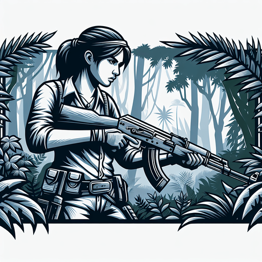 jungle soldier stand shoot the target right direction.
Single Game Texture.  In-Game asset.  2d.  Blank background.  High contrast.  No shadows