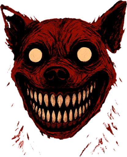 The image displays a highly disturbing and unsettling close-up of what appears to be a dog's head, heavily distorted and manipulated to create a horrific effect. The most striking feature is the dog's mouth, stretched into an impossibly wide and menacing grin that reveals numerous sharp, human-like teeth. Its eyes are wide open, round, and blank white or glowing, contributing to an overall vacant and soulless stare. The fur around its face and head is colored in aggressive shades of red and dark brown, giving it a bloodied or demonic appearance. The overall impression is that of a creature from a horror story, designed to evoke fear and discomfort. The background is completely black, isolating the terrifying subject and intensifying its impact..
In-Game asset.  2d.  High contrast.  No shadows