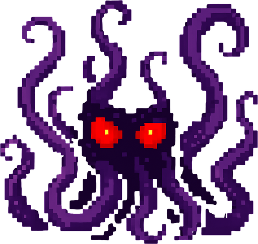Purple tentacles pixel art and red eyes 2d.
In-Game asset.  2d.  High contrast.  No shadows