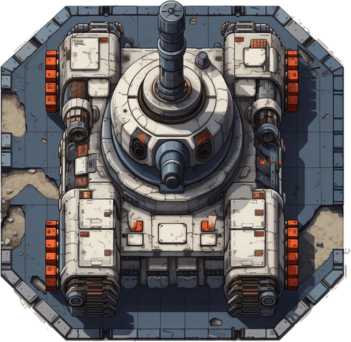Tank seen from the top
Single Game Texture. In-Game asset. 2d. Pixelart. White background. Blank background. Low detail. High contrast.