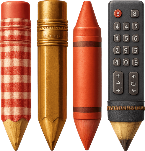 sprites to change the pencil skin. example: picnic mat pencil, golden pencil, red crayon, TV remote control pencil and a pencil case.
