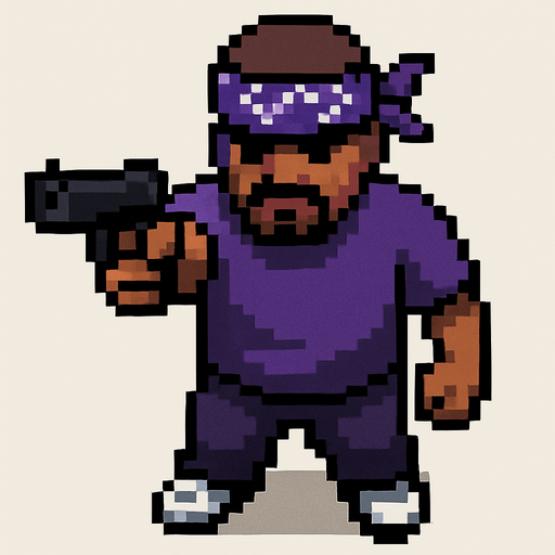pandillero de morado hecho con pixeles con perspectiva desde arriba visto de frente apuntando hacia enfrente con un arma
In-Game asset.  2d.  High contrast.  No shadows