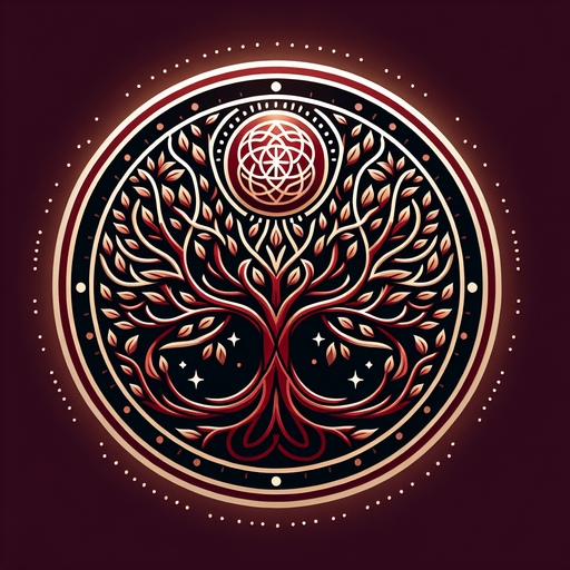 A circular emblem with a tree at its center, its branches intertwining with a glowing red lineage symbol..
Colors: Deep red, gold, and subtle white highlights.