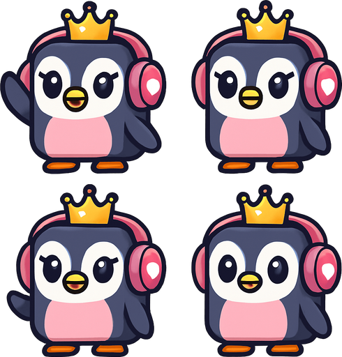 Create a 2D character sprite sheet, arranged in a 2x2 grid. The subject is an adorable, girly, cubical Penguin Princess. She wears a small, cute sparkling crown. Her oversized pink headphones have a small white heart decal on each ear cup. She has large, expressive eyes and a sweet smile. The style is clean vector art with simple cel shading, on a plain white background. The 4-frame animation is a side-to-side wave.
Frame 1: The character raises her flipper to head height, hand held straight.
Frame 2: The flipper, still at head height, pivots to the left.
Frame 3: The flipper, still at head height, pivots to the right.
Frame 4: The character begins to lower her flipper from head height..
In-Game asset.  2d.  High contrast.  No shadows