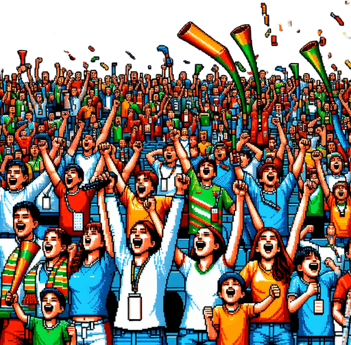 8-bit pixelated cheering group of young fans at the olympics holding signs, Vuvuzelas and confetti.
Single Game Texture. In-Game asset. 2d. Blank background. High contrast. No shadows.
