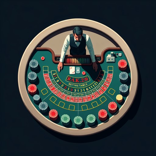 A top down view of one blackjack betting table with one dealer per table. Single Game Texture. In-Game asset. 2d. Blank background. High contrast. No shadows.