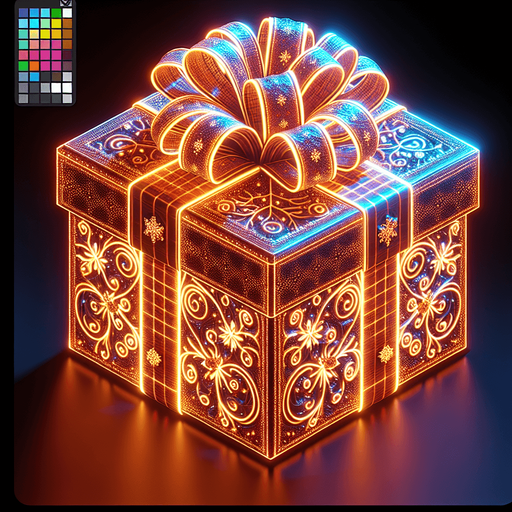 a christmas gift in beautiful glowing wrapping paper Single Game Texture. In-Game asset. 2d. Blank background. High contrast. No shadows.