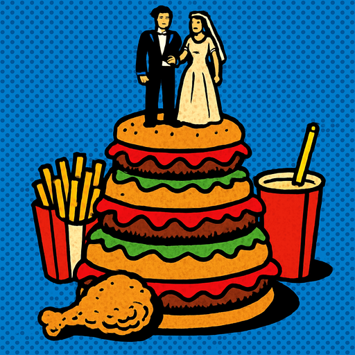 90s comic book style fast food style wedding cake.
In-Game asset.  2d.  High contrast.  No shadows