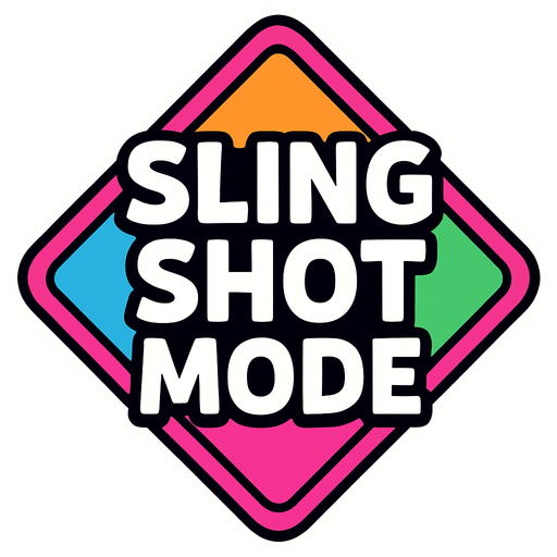 Diamond shaped colourful button that says sling shot mode.
In-Game asset.  2d.  High contrast.  No shadows