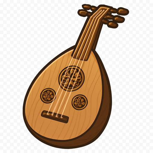 A clean, stylized 2D illustration of a traditional Middle Eastern oud instrument. The body should be teardrop-shaped with a wooden texture, 5–6 tuning pegs, and ornate sound holes. The image should have a warm, earthy color palette (browns and golds) with soft shadows and a clear outline. Designed in cartoon or flat vector style, suitable for mobile games. Export as a transparent background PNG, so it can be placed over any UI or background. Should be visually clear even at small sizes..
In-Game asset.  2d.  High contrast.  No shadows
