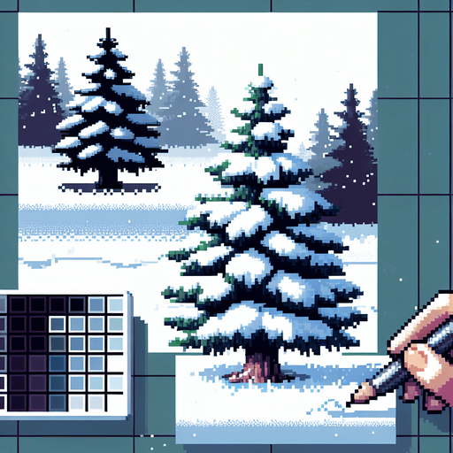 pixel art of a spruce tree covered in snow. Single Game Texture. In-Game asset. 2d. Blank background. High contrast. No shadows.