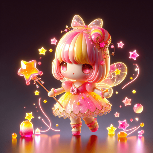 A very colourful sparkling pink fairy doll in yellow orange and soft colours kawaii doll with glowing jellys stars kawaii sweet beautiful wearing beautiful dress shoes magical wand.
Single Game Texture. In-Game asset. 3d. Blank background. High contrast. No shadows.theme