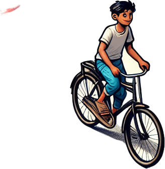 A village a boy run a cycle.
Single Game Texture. In-Game asset. 2d. Blank background. High contrast. No shadows.