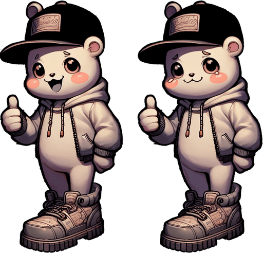 a cute monster in 4 emotions (happy, sad, hungry and neutral) wearing a snapback and Timberland shoes in Anime theme Single Game Texture. In-Game asset. 2d. Blank background. High contrast. No shadows.