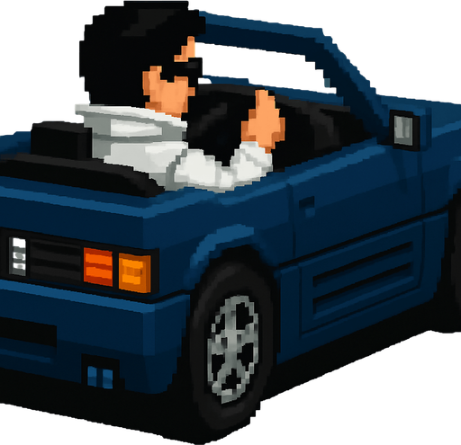 The hair color of the driver is black and he wears a futuristic white jacket