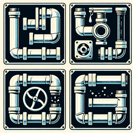 Create four perfectly square tiles, each featuring ONE VERY SIMPLE segment of water pipe for a puzzle video game:
Straight Pipe: One tile should feature a straight pipe segment with an entrance on the right side center and an exit on the left side center.
Corner Pipe: One tile should display a corner pipe segment with an entrance on the right side center and an exit at the top center.
Half Pipe with Valve: One tile should include a half pipe segment with an entrance on the right side center and a valve located at the center of the pipe.
Half Pipe with Bend:One tile should depict a half pipe segment with an entrance on the right side center, bending at the center towards the back (away from the viewer).