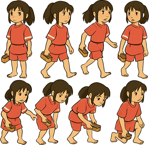 Pack of complete body frames of girl Chihiro character from "spirited a way" movie. without shoes, holding small rectangle hand Scrubbing Brush with color brown and yellow, her feet are dusty a bit from bottom
In-Game asset.  2d.  High contrast.  No shadows. no broom