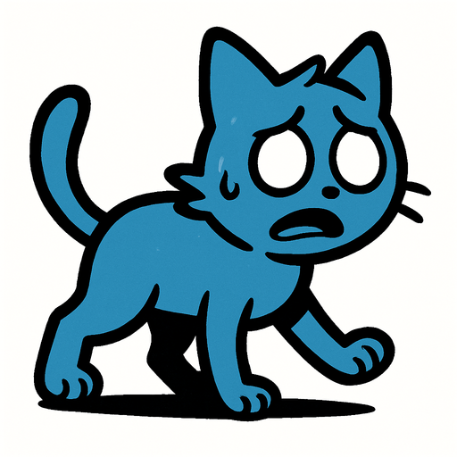 Un gato azul sin pupilas preocupado caminando.
In-Game asset.  2d.  High contrast.  No shadows