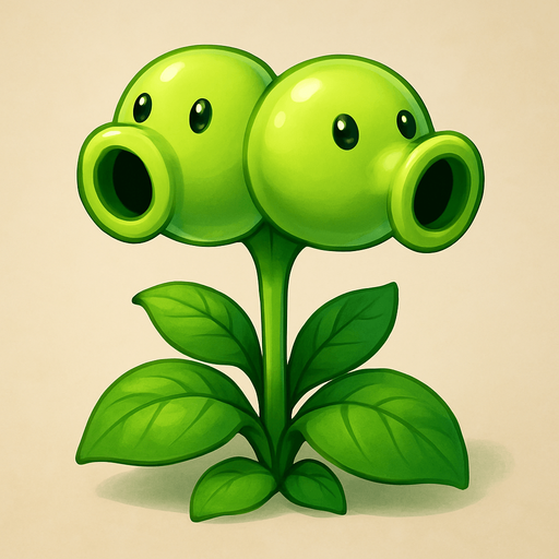 Forma general: Es una planta con un tallo central del que brotan hojas y, en la parte superior, tiene dos "cabezas" o vainas de guisante.

Color: Predomina un color verde claro brillante en todo el cuerpo de la planta, con algunas sombras que le dan volumen y realismo. Las hojas y el tallo son de un verde ligeramente más oscuro.

Cabezas/Vainas: Tiene dos vainas de guisante esféricas unidas, dispuestas una al lado de la otra. Cada una de ellas actúa como un cañón:

Orificios de disparo: Ambas vainas tienen una abertura frontal redonda y oscura, que es por donde disparan los guisantes.

Ojos: Cada vaina tiene dos pequeños ojos oscuros, similares a cuentas, que le dan una expresión curiosa o atenta.

Hojas: En la base de las vainas y a lo largo del tallo, hay varias hojas grandes y ovaladas de color verde oscuro, con nervaduras visibles.

Estilo artístico: La imagen tiene un estilo más renderizado y detallado que las ilustraciones típicas del juego, con un sombreado suave que le da una a.
In-Game asset.  2d.  High contrast.  No shadows