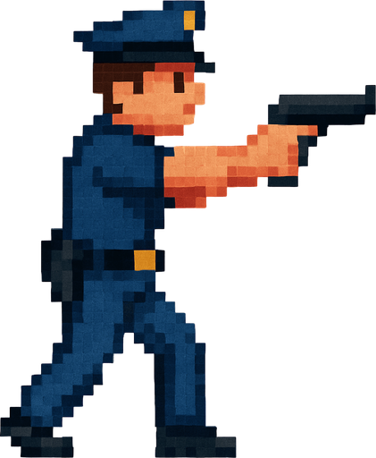 un policia  de cuerpo completo hecho con pixeles con persepectiva lateral apuntando con un arma
I