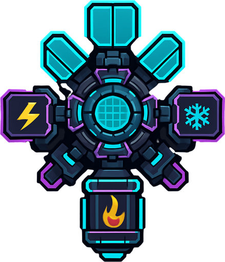top-down view, transformable virus defense tower, modular energy panels, electric fire ice modes, adaptive cyber node design, neon highlights.
In-Game asset.  2d.  High contrast.  No shadows