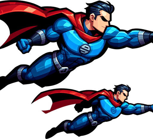 Side view of superman flying from left to right, with his fist pushed out in front of him.
Single Game Texture. In-Game asset. 2d. Blank background. High contrast. No shadows.