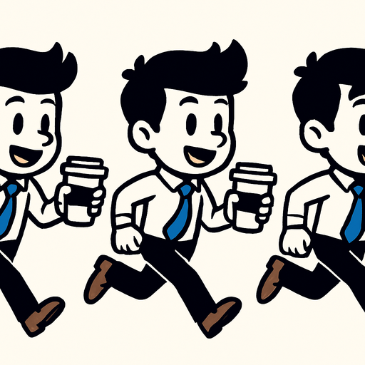 Intern holding a coffee cup running 3 frames.
In-Game asset.  2d.  High contrast.  No shadows