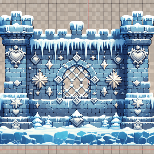 A medieval wall built of ice blocks, with stars and christmas hearts as ornaments. Single Game Texture. In-Game asset. 2d. Blank background. High contrast. No shadows.