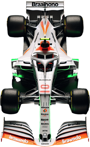 Photorealistic F1 race car without Halo safety device. Top view.
White body with neongreen nose. 
Black BrainGP text on body sides. 
Red "Cainon" text on front wings. 
Neongreen rear wing with Orange "BRAWNDO" text.