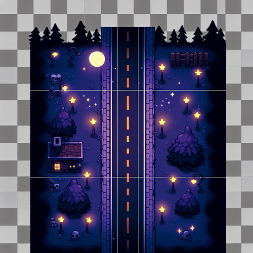 A cartoon spooky night road from above.
Single Game Texture. In-Game asset. 2d. Blank background. High contrast. No shadows.