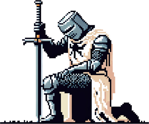 Create an 8-bit pixelated image of a defeated Knight Hero, kneeling with his head down in sorrow. He grips his sword with both hands, its tip resting in the ground. this represents the game over image for a retro video game.
Single Game Texture. In-Game asset. 2d. Blank background. High contrast. No shadows.
